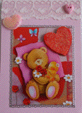VENDUE - Carte postale 3D nounours et son petit poussin sur fond à pois rose et blanc.