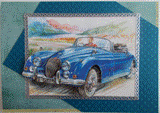 VENDUE - Carte postale 3D voiture bleue sur fond paysage