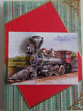 VENDUE - Carte postale 3D locomotive à  vapeur sur fond rayé vert