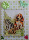 VENDUE - Carte postale 3D "petits animaux" sur fond vichy bleuCarte postale 3D  les 3 petits copains chien, lapin et chat.