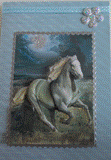 VENDUE - Carte postale 3D  d'un cheval sur fond clair de lune bleu