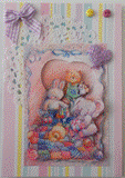 VENDUE - Carte postale 3D naissance ou 1er anniversaire peluches sur fond rayé multicolore