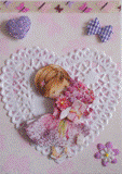 VENDUE - Carte postale 3D  d'une petite fille, plein de douceur avec son bouquet de fleurs et un cadeau.