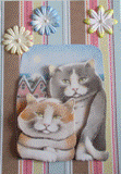 Carte postale 3D de deux gros chats sur fond rayé multicolore