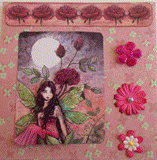 VENDUE - Carte postale 3D fée pourpre devant un rosier au clair de lune.