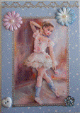 VENDUE - Carte postale 3D ballerine debout sur fond bleu à petits coeurs blancs.
