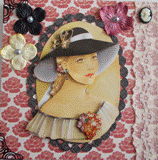 VENDUE - Carte postale 3D femme au chapeau noir sur fond de roses bordeaux et camée.