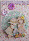 Carte postale 3D petites filles qui jardinent sur un fond fleuri,