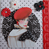 VENDUE - Carte postale 3D femme au béret rouge et foulard à pois.
