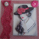 VENDUE - Carte postale 3D femme au foulard et chapeau noir fleuri sur fond à pois rose et vert.