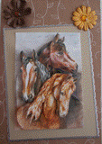 VENDUE - Carte postale 3D de 2 chevaux marrons pour les amateurs de chevaux sur fond rayé.