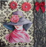 VENDUE- Carte postale 3D femme au chapeau de paille gris fleuri sur fond à arabesques.