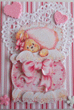 VENDUE - Carte postale 3D bébé lapin sous sa couette rose pour naissance ou anniversaire.