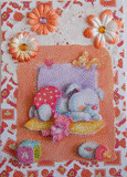 VENDUE - Carte postale 3D bébé lapin et ses jouets pour naissance ou anniversaire.