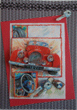 Carte postale 3D voiture ancienne rouge et side-car sur fond étoilé.