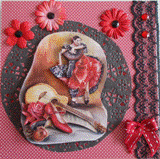 VENDUE - Carte postale 3D danseuse flamenco et guitare sur fond à pois.
