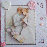 VENDUE - Carte postale 3D mariage "mariés devant un chandelier" faire-part ou pour des félicitations sur fond dentelle.