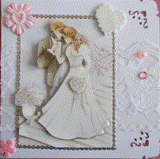 VENDUE - Carte postale 3D mariage "mariés sur le perron" faire-part ou pour des félicitations, sur fond dentelle.