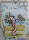 VENDUE- Carte postale 3D d'un golfeur devant des palmiers, idéale pour les amateurs de golf!