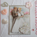 VENDUE - Carte postale 3D mariés devant une balustrade félicitations pour un mariage sur un fond en dentelle.
