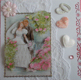 VENDUE - Carte postale 3D mariés derrière une balustrade félicitations pour un mariage sur un fond en dentelle.