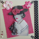 VENDUE - Carte postale 3D femme au foulard cachemire et chapeau noir sur fond à pois.