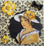 Carte postale 3D femme jaune au chapeau fleuri
