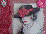 VENDUE - Carte postale 3D femme au foulard et chapeau noir fleuri sur fond à pois rose et vert.