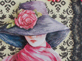 VENDUE- Carte postale 3D femme au chapeau de paille gris fleuri sur fond à arabesques.