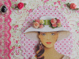 Carte postale 3D femme au chapeau fleuri de roses sur fond à fleurs rose et vert.