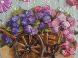 VENDUE - Carte postale 3D d'hortensias roses et mauves dans une brouette