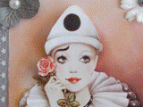 VENDUE - Carte postale 3D Pierrot à la rose sur fond étoilé gris et blanc. idéale pour les amoureux de Pierrot.