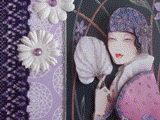 VENDUE - Carte postale 3D femme au turban à l'éventail en plumes sur fond mauve et blanc.
