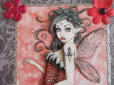 VENDUE - Carte postale 3D fée tatouée rouge et noire sur fond gris à motifs baroque.